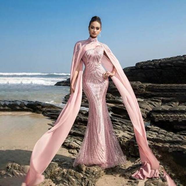 SHEIN Luxury Stand Collar Cape Sleeved Sequined Formal Dress And Evening Gown, Elegant Long Sleeve Gala Dress, Suitable For Wedding Guest, Graduation Ceremo