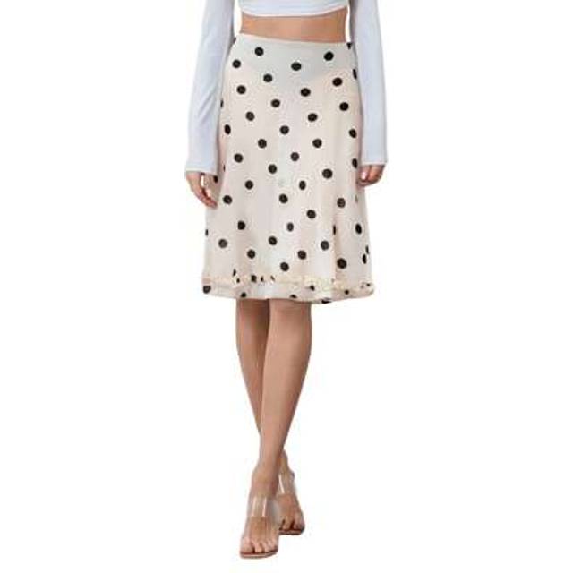 SHEIN Women&#39;s Midi Skirt See Through Low Rise Ruffled Hem Dot Pattern White Black Sheer Skirt