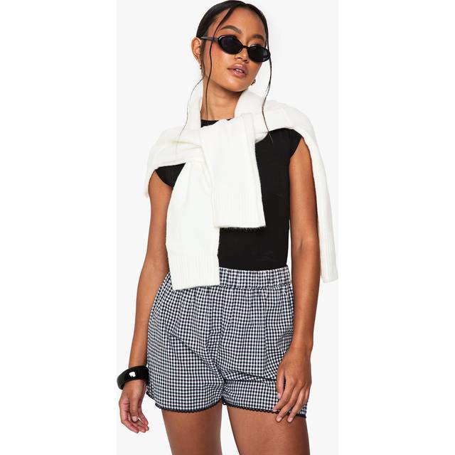 Womens Broderie Trim Gingham Flippy Shorts - Black - 14, Black