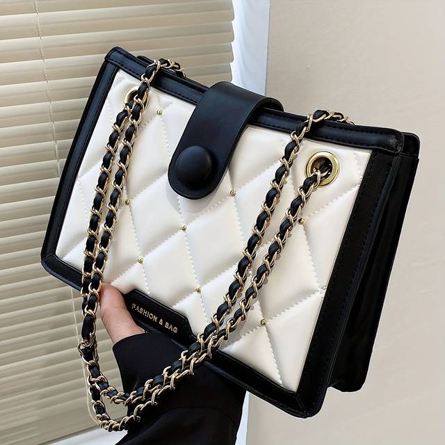 TEMU Designer Quilted Crossbody Bag With Rivet Embellishments, Black & White Shoulder Bag, Synthetic Leather Lining, Zipper Closure, Detachable Strap, Elegant Women's Handbag For