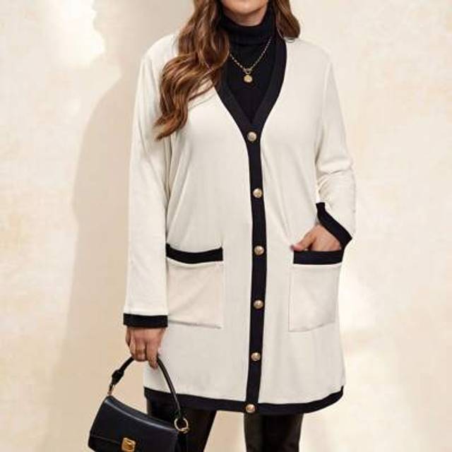 SHEIN Plus Size Women Elegant & Comfortable Metal Button Closure Long Warm Cardigan, Black & White, For Autumn, Ladies Windbreaker,Business Casual Woman