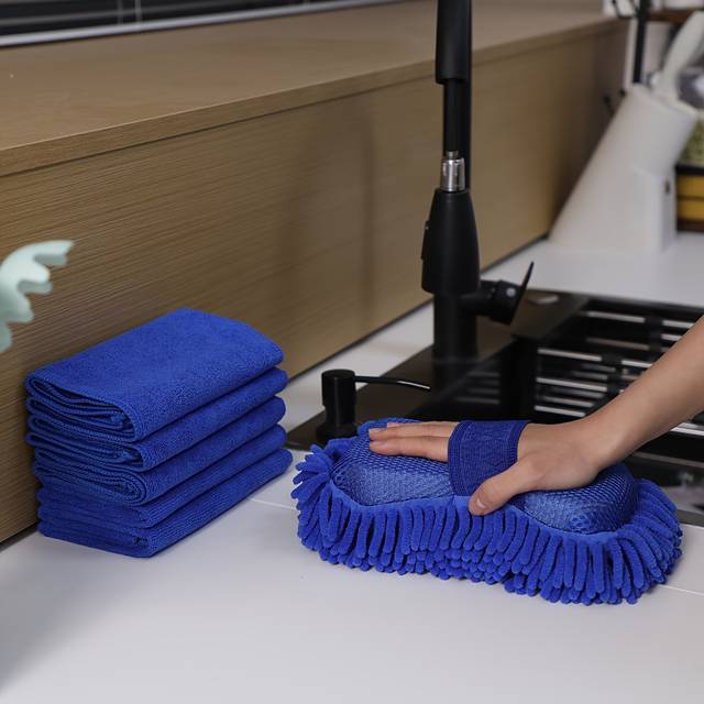 TEMU Microfiber Car Wash Sponge And Towel Set - 6pcs Kit Includes 1 Chenille Cleaning Sponge With Hand Strap And 5 Soft Microfiber Towels - Super Absorbent Reusable - For And Kitchen, Without Battery