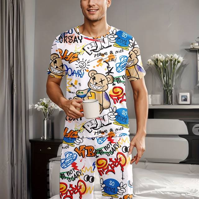 TEMU Men's Casual Pajama Set With Bear And Letter Print, Short Sleeve Top & Shorts - Soft Polyester, Machine Washable, Summer Comfor