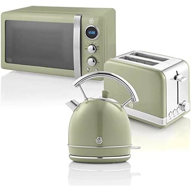 Swan Retro Set Frukost Vattenkokare 1,8 l, Brödrost Bröd Bred Slot 2 skivor, 20L Digital Mikrovågsugn, 6 Effektnivåer,Timer, Spegel dörr, Vintage design, Grön, En Storlek