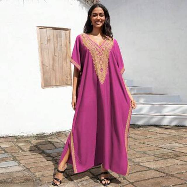 SHEIN Red Embroidered Women&#39;s Dubai Abaya Short Sleeve Casual Dress Kaftan