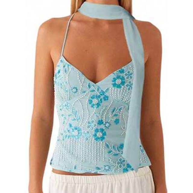 SHEIN Women Camisoles Sequins Beaded Flower Embroidery V-Neck Casual Tank Tops Summer Fashion Sleeveless Tops With Choker Scarf