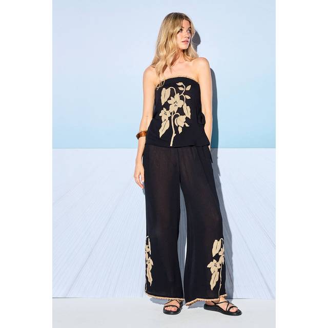 Womens HCD Cheesecloth Embroidered Mid Waist Tie Side Trousers - black - Black - 14
