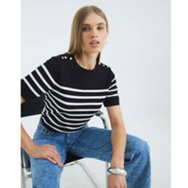 River Island Womens Black Striped Button Detail Knitted T-Shirt