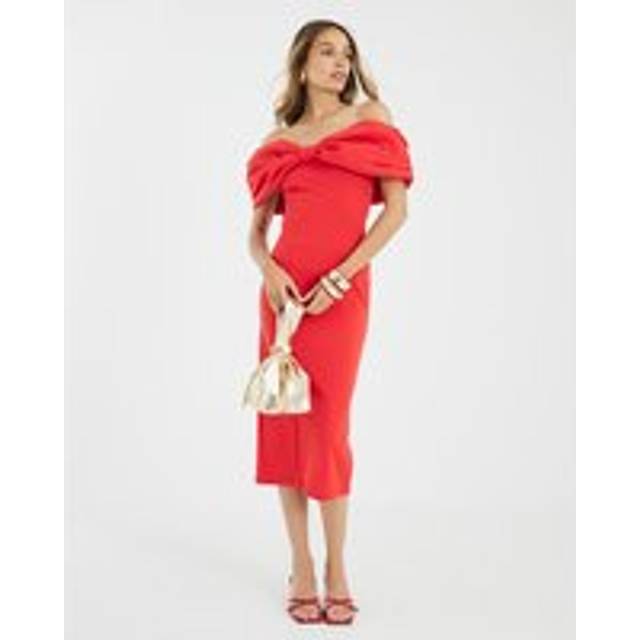 River Island Womens Red Bardot Bow Detail Bodycon Midi Dress