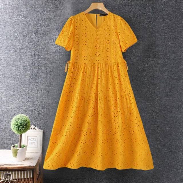 (yellow, 4XL) ZANZEA Women Hollow Crochet Lace Summer Short Sleeve Dress
