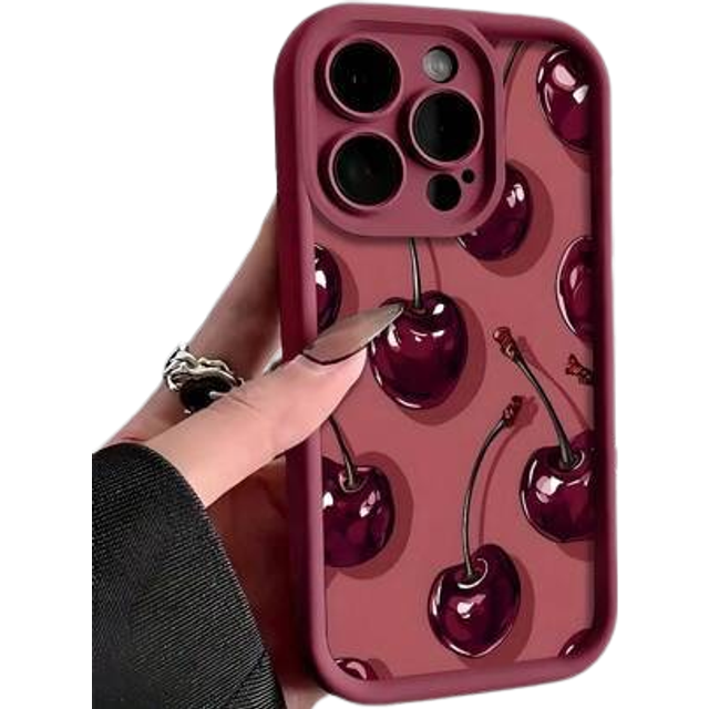 SHEIN 1pc Wine Red Matte Lens Straight Edge Cherry Pattern Phone Case, Personalized Hard Protective Cover Compatible With Apple 16 Pro Max, 15/14 Plus, 13/1