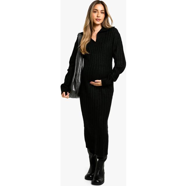 Womens Maternity Soft Knit Thick Rib Collar Detail Maxi Dress - Black - 12