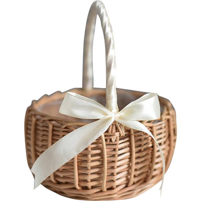 Wicker Woven Flower Basket, with Handle and White Ribbon, Wedding Girl Baskets, for Home Garden Decoration(L)
