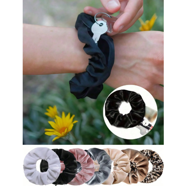 SHEIN 1pc Pocket Scrunchies Hair Ties With Hidden Zipper Stash Scrunchy Ponytail Holder,Velour Zipper Pocket Scrunchies, Elegant Fabric Hair Tie With Hidden