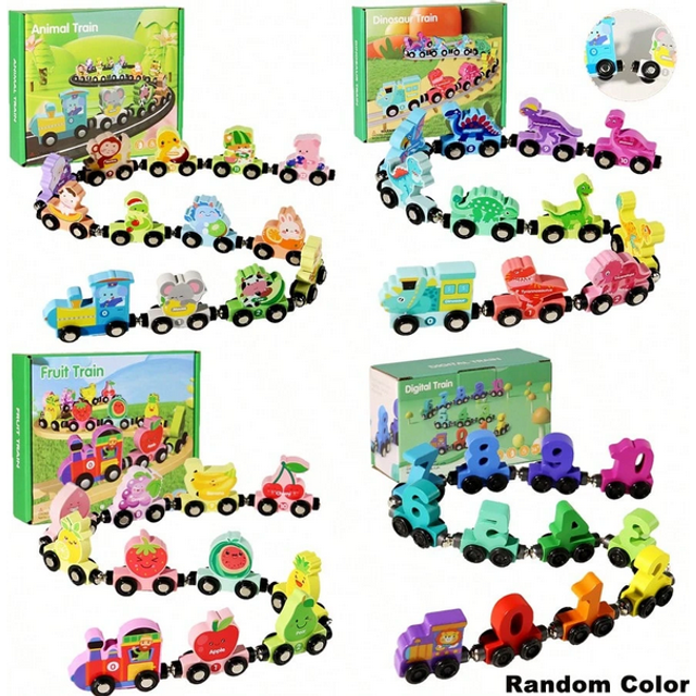 SHEIN 4 Style Magnetic Wooden Train Set, Magnetic Animal Number Train Toys For Ages 3 4 5 6, Fine Motor Skills Dinosaur Numbers Learning Toys, Fruit Numbers