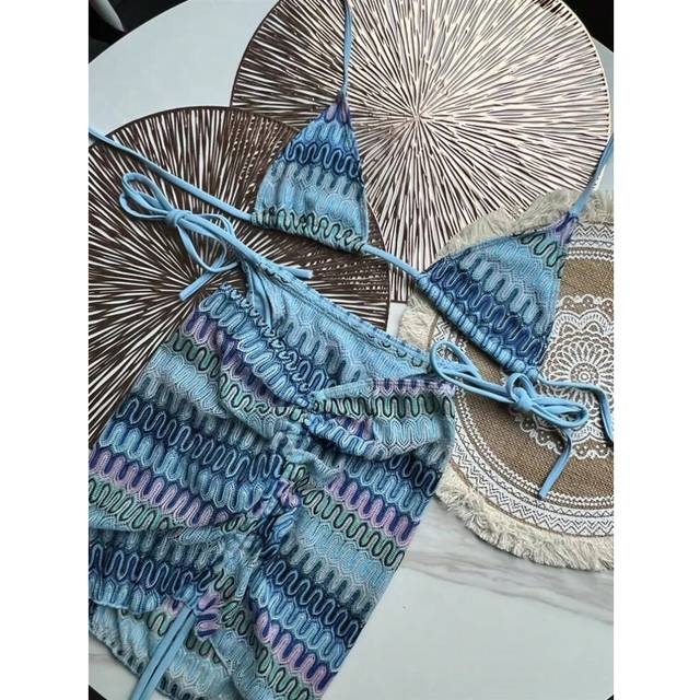(blue, XL) Women Swimsuit Knitted Bikini Skirt Three-Piece Set Split Swimsuit Bikini