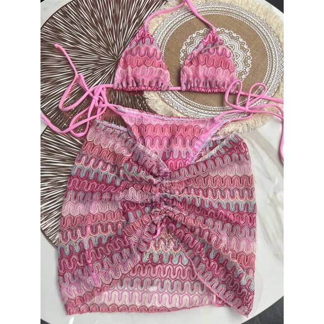 (pink, XL) Women Swimsuit Knitted Bikini Skirt Three-Piece Set Split Swimsuit Bikini