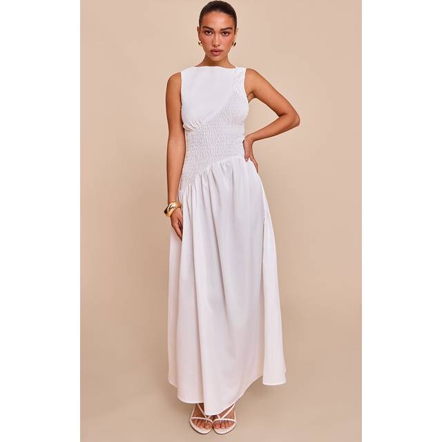 White Shirred Detail Sleeveless Maxi Dress, White - 8