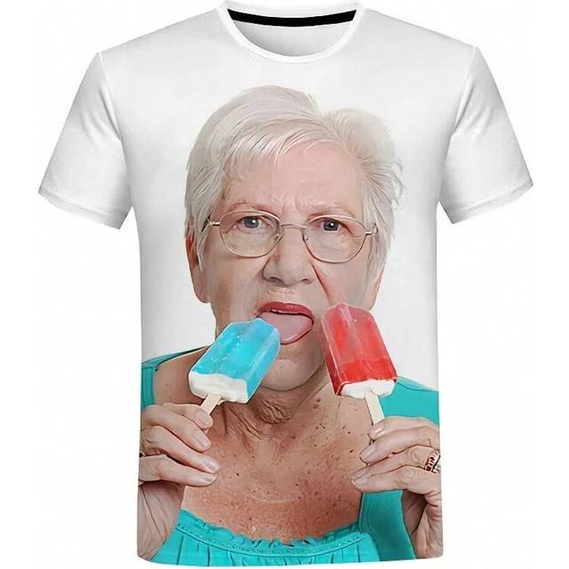 (YP015, XXL) Y2K Top Fashion Senior Women Licking Popsicle 3D Print T Shirt Summer Men T-shirt Kawaii Grandma Fun Popsicle Short Sleeve Tees