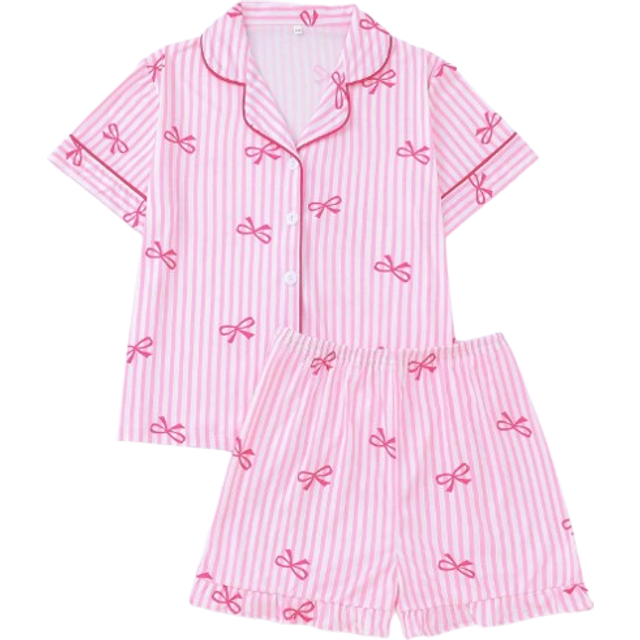 SHEIN 2pcs Set Young Girl Short Sleeve Top & Shorts Pajamas For Summer, Lightweight Style With Stripe & Bow Print Pattern, Casual Sleepwear Home Wear