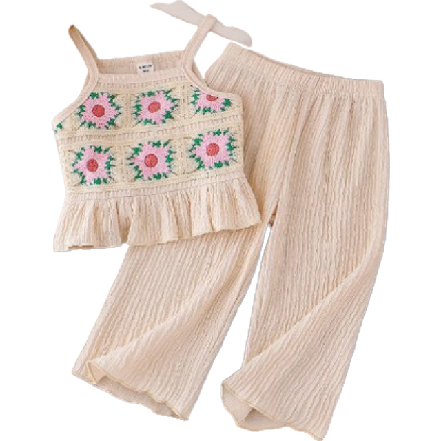 SHEIN Baby Girl Casual Daily Chic Floral Embroidery Camisole And Solid Color Pants Set, Lovely Sunsuit For Outdoor Activities In Summer