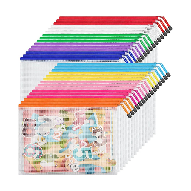 10 Colors Zipper Mesh Document Bag A4 Letter Size Bag, Waterproof Bag,30PCS
