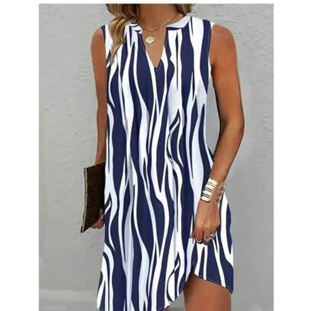 SHEIN Plus Size Blue & White Zebra Print Sleeveless Dress, V-Neck Design, Flattering & Versatile