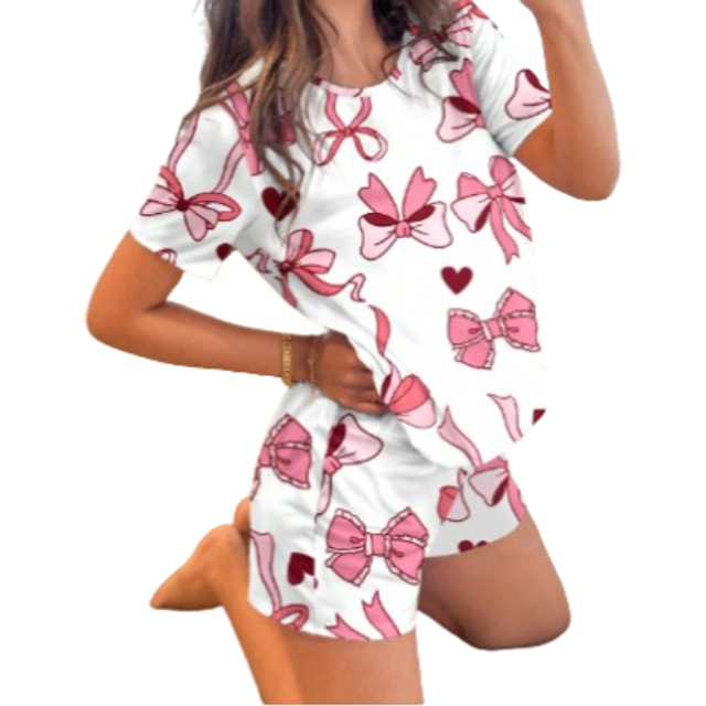 SHEIN Tween Girl Casual Bow Design Minimalist Round Neck Short Sleeve Shorts Pajama Set, Suitable For Summer
