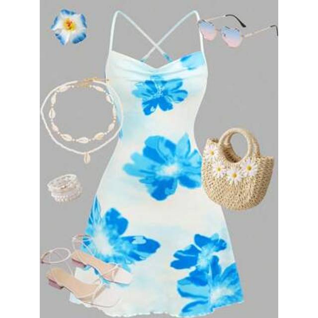 SHEIN Teen Girl Summer Floral Print Criss-Cross Strap Fitted Mini Vacation Dress Beach Outfit Blue Floral Dress Blue And White Dress Summer Dress Blue Flowe