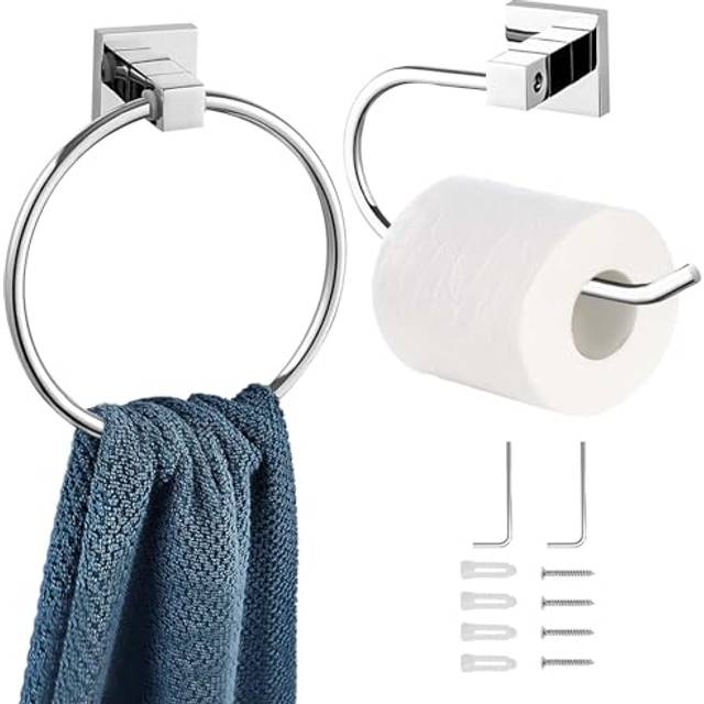 Chrome Toilet Roll Holder, 2 Pieces Bathroom Accessory Toilet Paper Holder and Towel Ring, 304 Stainless Steel Waterproof Rust Resistant Towel and
