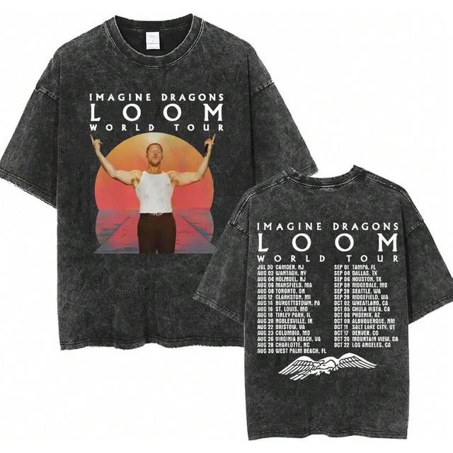 (FT--S3428-Black, XXL) Imagine Dragons Band - Loom Tour 2024 New Album T Shirts Men Women Fashion Hip Hop Style Retro Washed T-shirt Loose Short Sleev