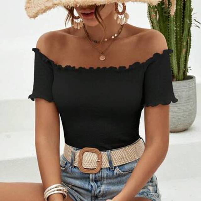SHEIN Off Shoulder Lettuce Trim Tee