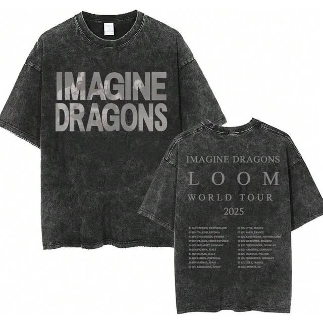 (FT-S4019-Black, XL) Imagine Dragons Band - Loom Tour 2024 New Album T Shirts Men Women Fashion Hip Hop Style Retro Washed T-shirt Loose Short Sleeve