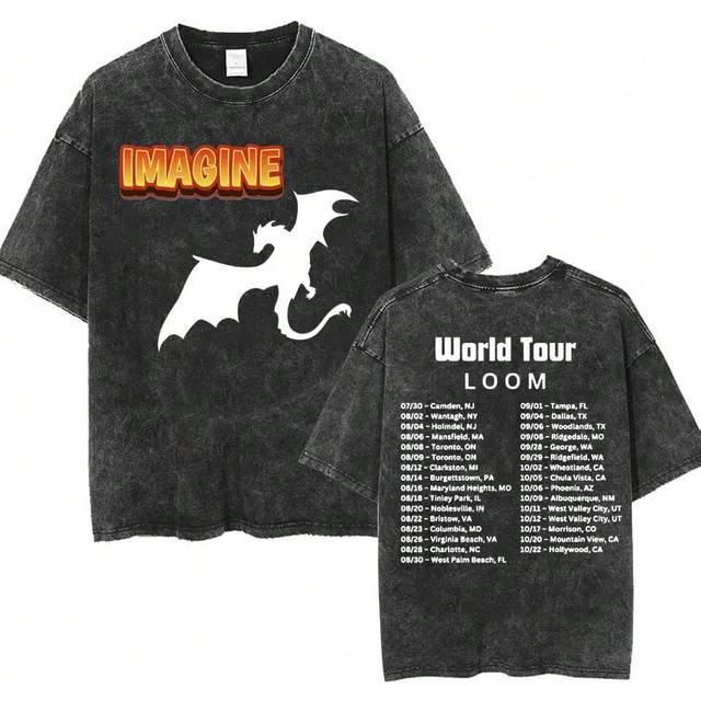 (FT--S3429-Black, XL) Imagine Dragons Band - Loom Tour 2024 New Album T Shirts Men Women Fashion Hip Hop Style Retro Washed T-shirt Loose Short Sleeve