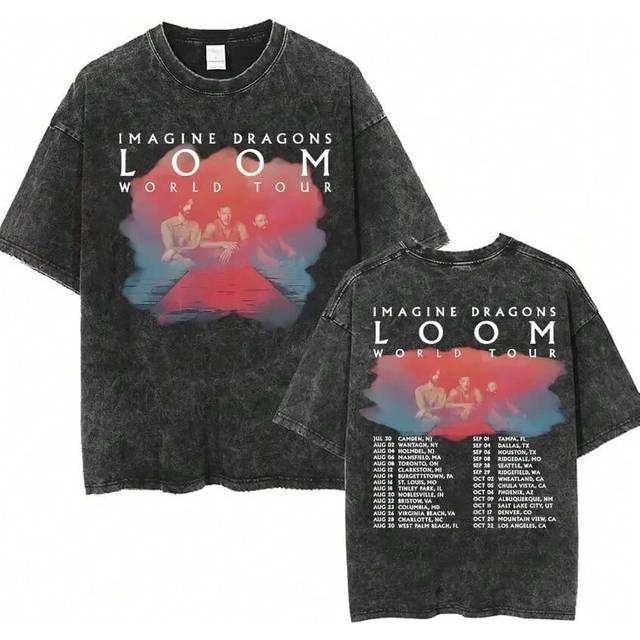 (FT-S2724-Black-, L) Imagine Dragons Band - Loom Tour 2024 New Album T Shirts Men Women Fashion Hip Hop Style Retro Washed T-shirt Loose Short Sleeve
