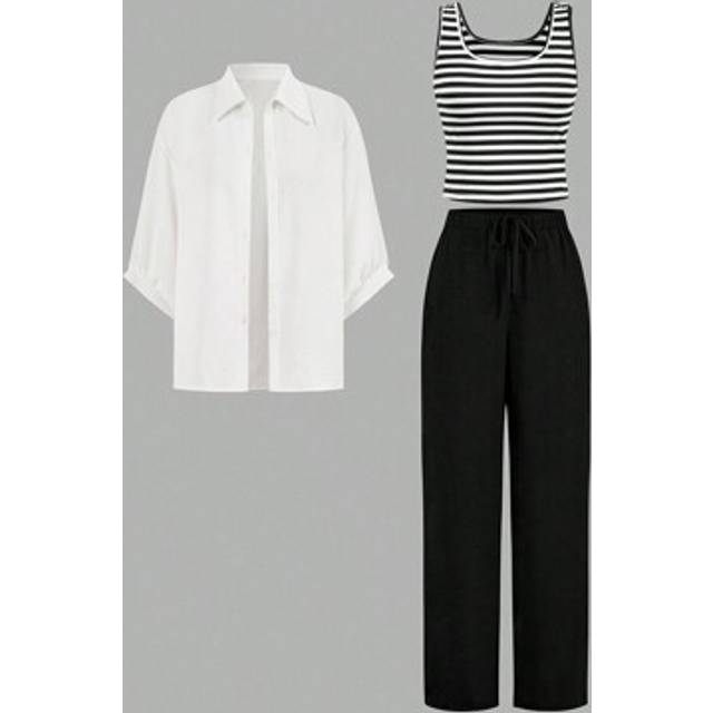 Easowa 2pcs/Set 2024 Autumn/Winter New Striped Vest And Pants Outfit, Airport Fashion Two Pieces Set Women