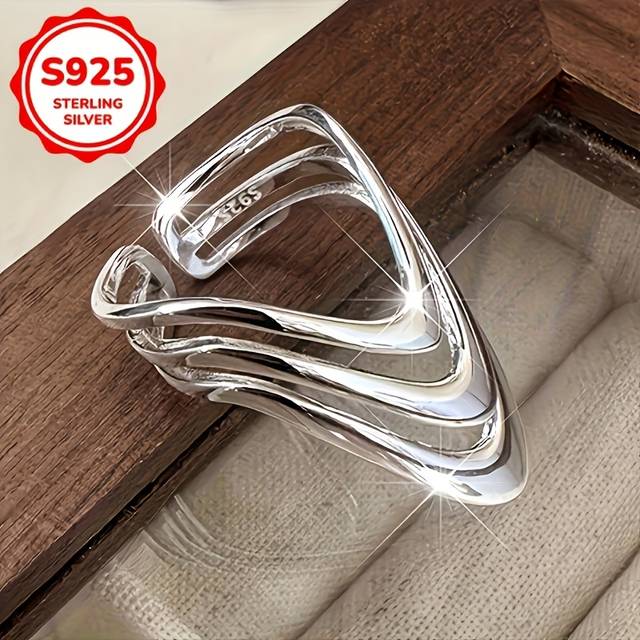 TEMU 925 Sterling Silvery Adjustable Opening Ring, Hip Hop Style, Creative Layered Design, Women's Fashion Jewelry