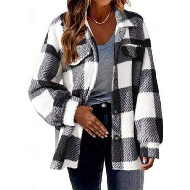 SHEIN Women Spring Fall Plaid Jacket Long Sleeve Turn Down Collar Button Closure Casual Jacket Outwear Streetwear