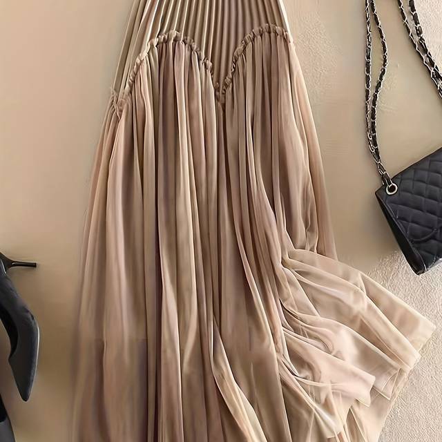 TEMU Women's High-waisted A-line Skirt - Lightweight Tulle Pleated Hem, Solid Color, Machine Washable, Casual To Formal Wear, Cute Skirts, Sophisticated Design, Flowy Fabric