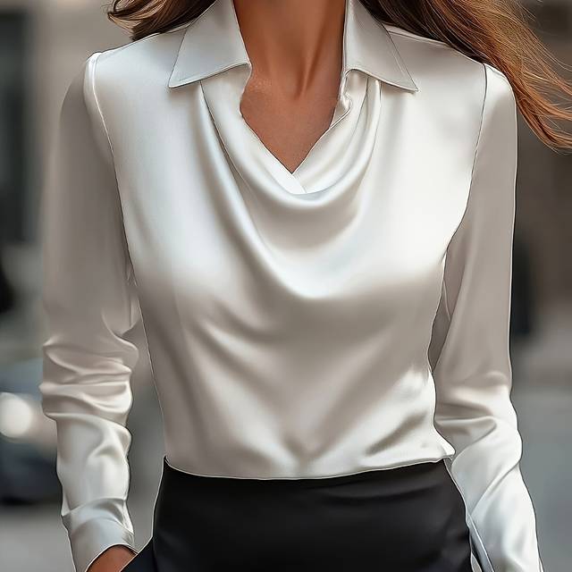 TEMU Elegant Satin Blouse With Pleated V-neckline - Chic Long Sleeve, Button-up Shirt For Women, Casual Or Formal Occasions, Sophisticated Tailoring
