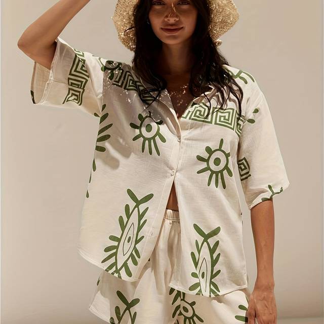 TEMU Women's Tropical Leaf Print Vacation Set Featuring A Short-sleeve Shirt And Casual Shorts In A White And Green Color Scheme, Designed For Versatile Wear With The Shirt Open.