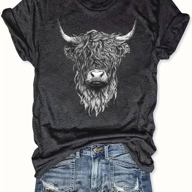 TEMU 1pc Highland Cow Print Women's T-shirt, Casual Round Neck Short Sleeve, Polyester Knit Cartoon Graphic Tee For All