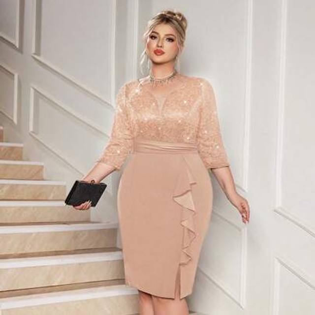 SHEIN Plus Deep V-Neck Sequin Floral Lace Contrast Ruffle Trim Split Hem Evening Party Bodycon Dress, Semi Formal Wedding Guest Dress, For Birthday, Graduat