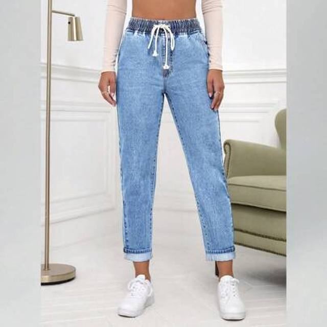 SHEIN Women&#39;s Solid Color Drawstring Waist Casual Versatile Tapered Jeans