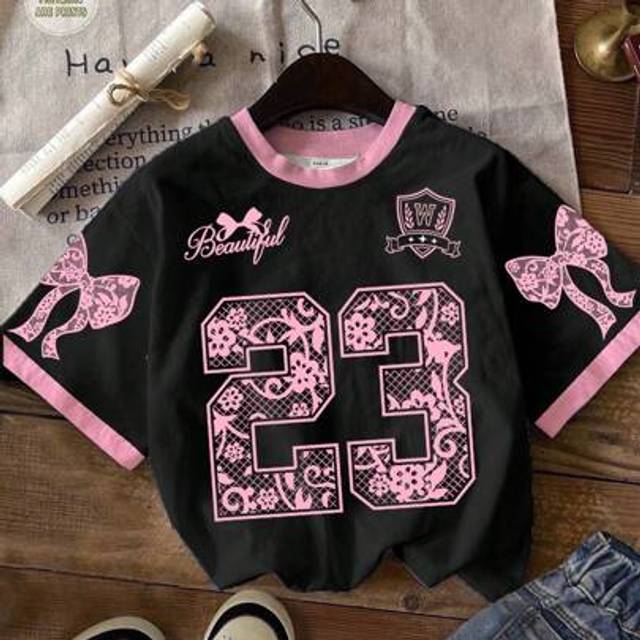SHEIN Teen Girls Casual Minimalist Lace Bow Accent, 23 Graphic Print Oversized Knit T-Shirt, Suitable For Summer, Statement Tops, Teen Girl Graphic T-Shirts