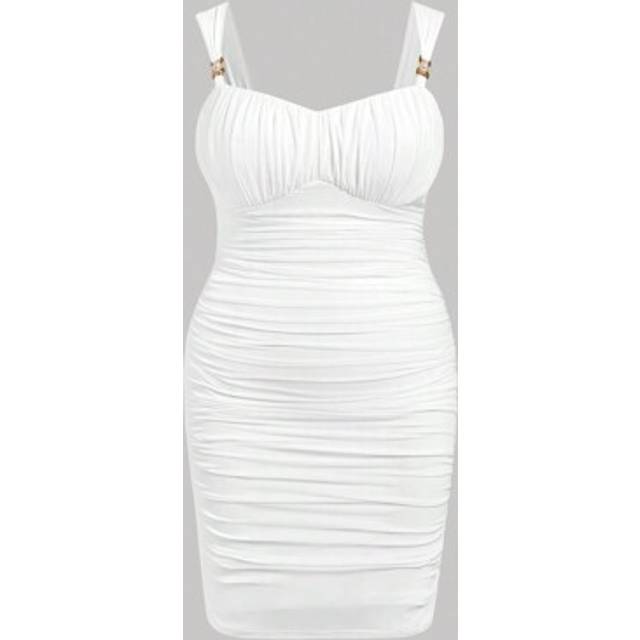 SHEIN Plus Size Summer White Mesh Ruched Spaghetti Strap Dress With Metal Decoration, Summer Holiday Style,Birthday Dresses For Women