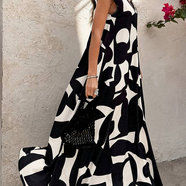 TEMU Women's Elegant Long Sleeve V-neck Maxi Dress With Abstract Blue And - Flowy A-line Silhouette, Black Flat Front, Casual Or Formal Occasions, Wear