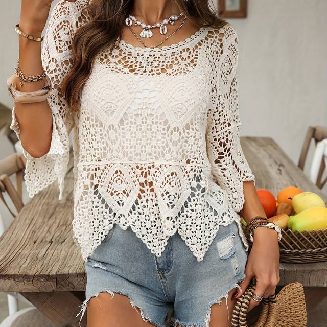 TEMU Women's Casual Crochet Lace Cover-up Top - Short Sleeve, Round Neck, Rayon Blend, Spring/summer Beach Vacation Wear, Vacation Coverup|crochet Lace Top|short Sleeve Top