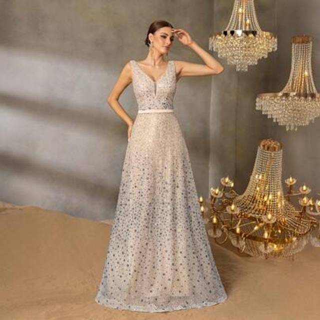 Faeriesty Faeriesty Glittering Beaded V-Neck Maxi Evening Dress With Back Tie-Up Detail - Perfect For Summer Parties & Formal Events & Red Carpet & Gala Nights(