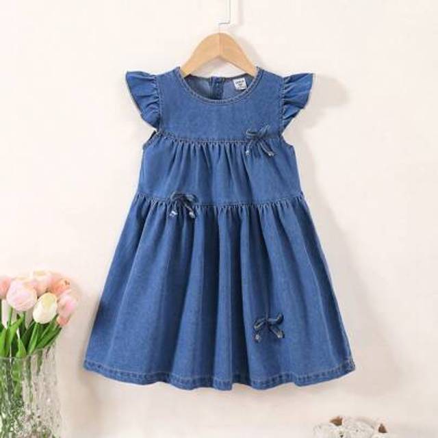 SHEIN Girls Casual Preppy Style Blue Woven Denim Skater Dress With Bow Decor, For Toddler